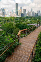 Walkways and wooden paths in Dusit Park on a Bangkok rooftop, surrounded by fresh greenery and offering elevated city views that blend modern design with calm natural space.