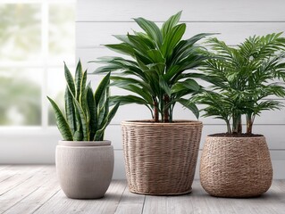 Indoor setting with lush green plants and soft shadows