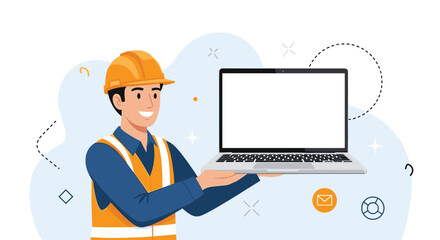 Smiling construction engineer in a hard hat and safety vest presents a laptop computer with a blank screen for your message.