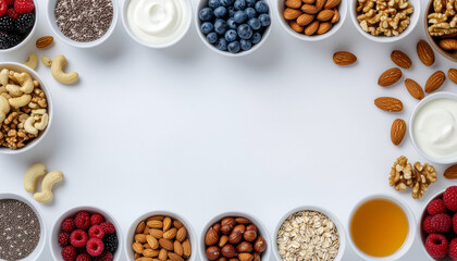 Healthy Breakfast Ingredients Flat Lay with Nuts, Berries, Yogurt, Seeds, and Honey on White Background