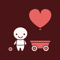 Cute cartoon baby pulling wagon with heart shape balloon vector illustration on dark background for baby shower