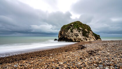 Large rock island sits in a pale ocean under a cloudy sky; pebble beach foregrounds the scene