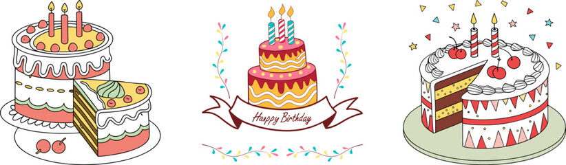 Set of Happy Birthday Cake Vector Three Candles Ribbon Banner Cute Festive Party Illustration for Cards, Invitations, T-shirt