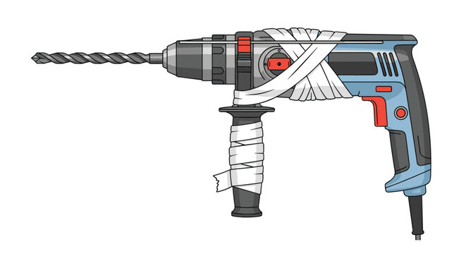 Broken power drill wrapped in white medical bandages representing the concept of equipment repair, maintenance, or breakdown.