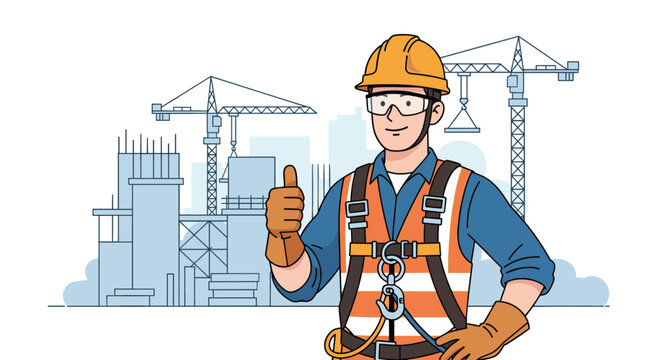 Confident construction worker wearing a full-body safety harness and PPE gives a thumbs-up at a high-rise building site.