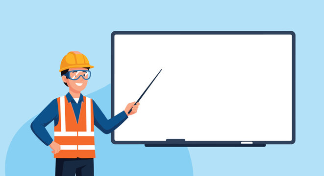 Male construction instructor wearing safety gear uses a pointer to present information on a large blank white board for training.