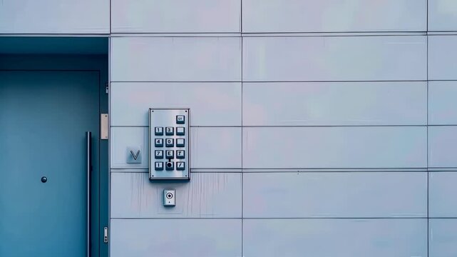 A modern entryway featuring a keypad intercom and sleek wall design, highlighting the simplicity and elegance of contemporary architecture