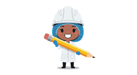 Fototapeta premium A cute female cartoon engineer in full protective gear holds a large pencil, representing planning, design, and education in STEM.