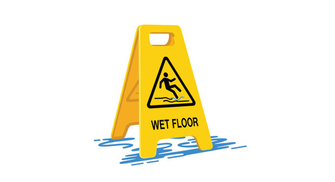 A yellow 'Wet Floor' sign stands in a puddle of water, providing a clear caution warning to prevent slips and falls.