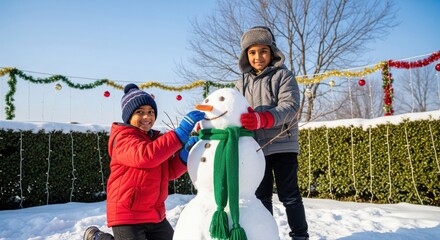 Happy Boys Building Snowman on a Sunny Winter Day
