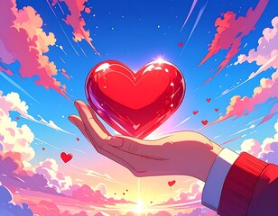 Hand holds a glowing heart in a bright, cartoon sky filled with clouds. Sunshine breaks through the bottom
