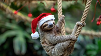 Naklejka premium Sloth wearing Santa hat hanging on rope in tropical forest for Christmas and holiday concept