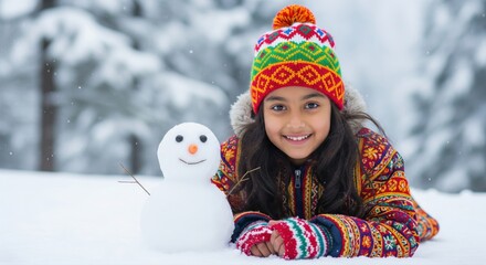 Happy girl with snowman enjoying winter wonderland playtime