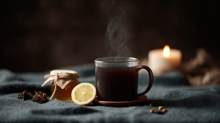 Cozy evening scene with a steaming cup of tea, lemon, honey, and candlelight
