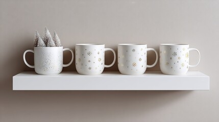 Fototapeta premium Four white holiday mugs with golden snowflake patterns and a mug holding miniature Christmas trees on a white shelf