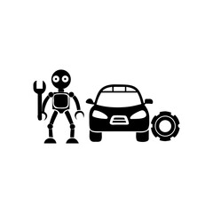 Futuristic robot mechanic servicing an automobile removed tire, robot mechanic-tool, symbolizing advanced automotive technology and repair innovation.