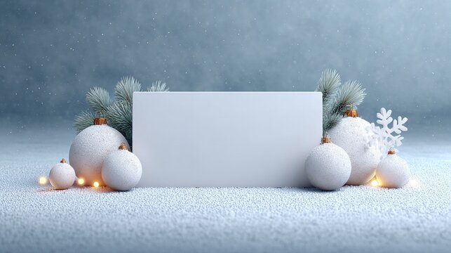 Festive winter display with blank horizontal sign, snow-covered baubles, and fir branches - Powered by Adobe