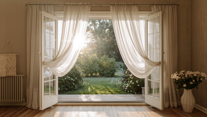 Fototapeta premium Open white French doors leading to a sunny green garden with sheer flowing curtains.
