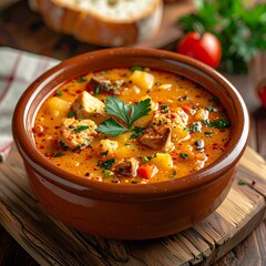 Hearty stew in a brown ceramic bowl, topped with parsley, sitting atop a wooden board