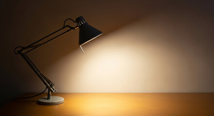 Desk lamp illuminating a wall with warm light in a dark room, still life