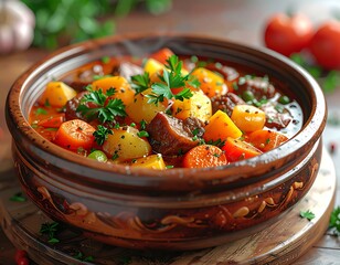 Hearty stew in brown pottery bowl with visible steam, garnished with fresh parsley, on a wooden board