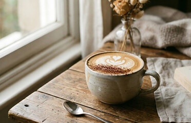Morning latte coffee on wooden table cozy café aesthetic scene
