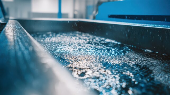 Close view of zinc electroplating bath with machinery parts submerged for protective anticorrosion metal coating in a clean manufacturing environment.