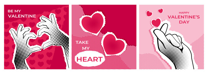 Set of Valentine cards with halftone and dotted collage of hands and torn paper hearts. Love card, cover, template. Vector illustration