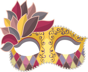 A gold and purple mask with a flower on it