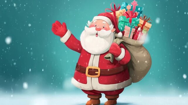 Santa claus walking through falling snow carrying a large sack of colorful christmas gifts