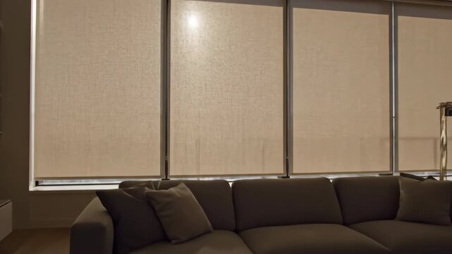 Automatic roller blinds descending simultaneously in a modern apartment, quickly transforming the bright room into a quiet, shaded environment perfect for relaxation shading, comfort, housing