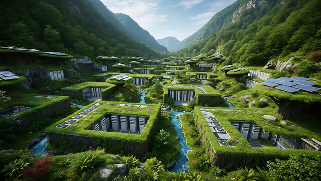 Futuristic data center integrated into a lush green valley using solar energy - Powered by Adobe