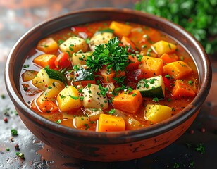 Hearty vegetable stew in a brown bowl with parsley garnish, served on a dark textured surface
