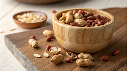 Roasted Peanuts in Wooden Bowl &ndash; Healthy Snack, Organic Nuts, Food Photography