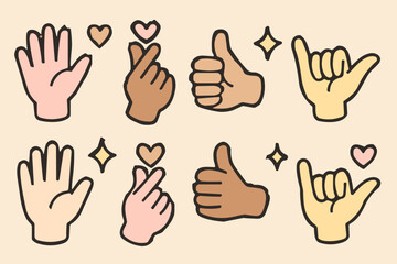 Obraz premium Cute Hand Gesture Icons – Hearts, Thumbs Up and Positive Expressions