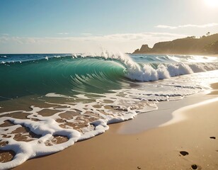 Large, turquoise wave crashing onto a sandy beach with a sunny sky and distant cliffs