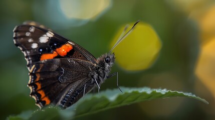 A colorful macro image of a beautiful orange butterfly with tropical wings resting on a flower or a leaf in the summer nature garden