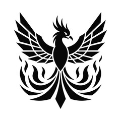 Stylized phoenix rising from flames in black and white