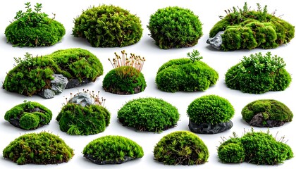 Lush green moss clusters, some on rocks, isolated against a bright white background, showcasing nature's textures