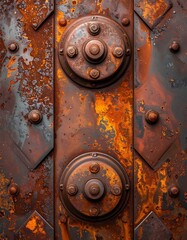 Heavily rusted metal door with raised circular fittings, intricate details, textures, and vibrant rust colors
