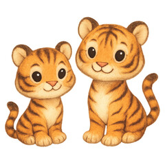 Obraz premium Pencil-style illustration of two cute baby tigers sitting side by side with big eyes, soft fur texture, and friendly expressions. Perfect for children’s projects, learning materials, and animal themes