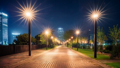 glowing sidewalk lights guide pedestrians at night