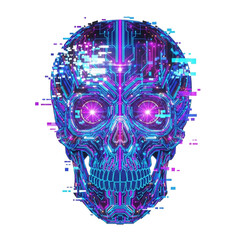 Futuristic skull with neon lights isolated on white background, digital art concept
