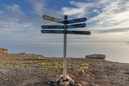 view of the trail markers and waypoints on top of the Bolafjell Viewpoint in the Westfjords of Iceland