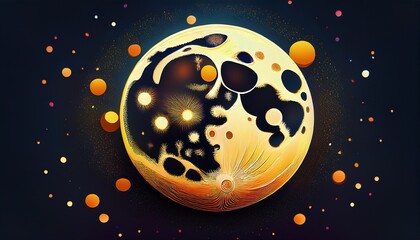 Fototapeta premium a stylized light yellow moon dotted with bright orange circles stands out against a dark night sky