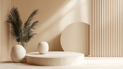 Elegant beige aesthetic display with geometric shapes and a natural plant element