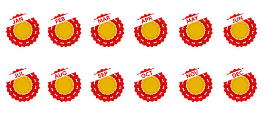 Editable Red and Gold Rosette Badge Set with Blank Center Space for Custom Text – Customizable Monthly Calendar Elements January to December for Digital and Print Design