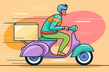 Colorful flat artwork of a delivery scooter in motion, driven by a courier carrying a box, with a vivid modern aesthetic.