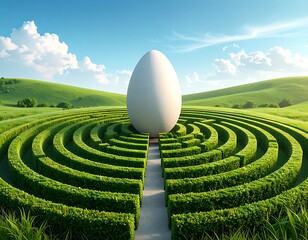 Large white egg centers a circular hedge maze in a grassy field under a partly cloudy blue sky