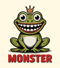 Grinning Frog Monster Character Wearing Crown Illustration t-shirt design
